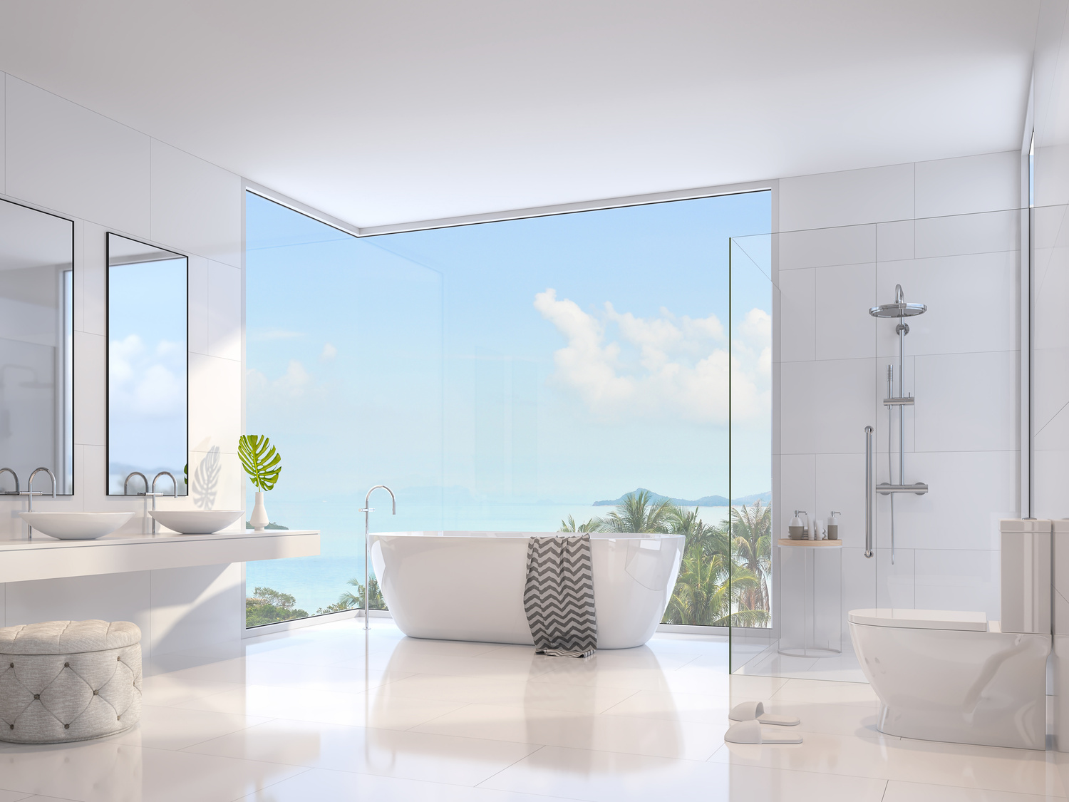 Modern luxury white bathroom with sea view 3d render